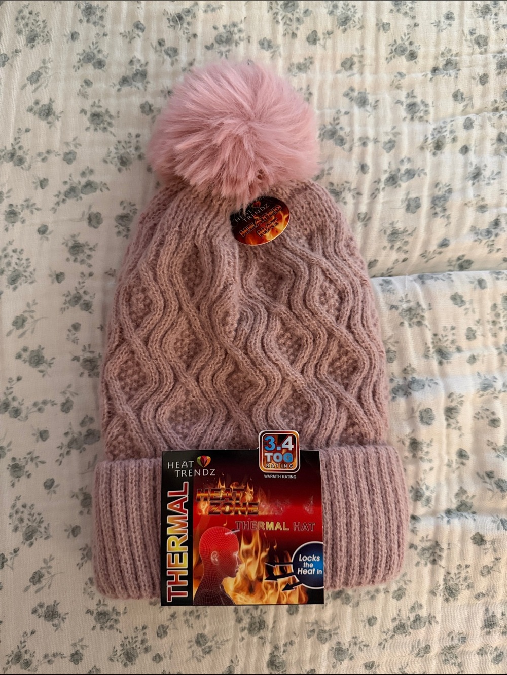Pink Pom Cable Knit Thermal Beanie Hat
